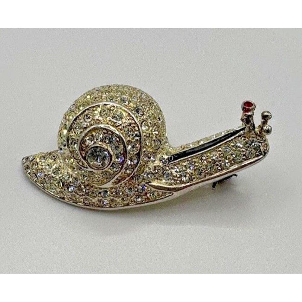 Vintage 1980s Signed ROMAN AUSTRIAN CRYSTALS Silver Tone Snail Brooch Pin